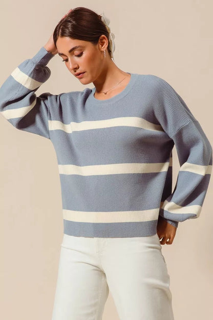 SO ME Ribbed Striped Round Neck Sweater - Bitsy Gypsy Boutique