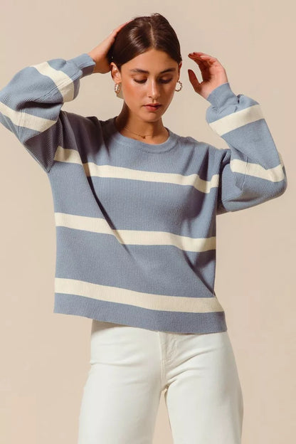 SO ME Ribbed Striped Round Neck Sweater - Bitsy Gypsy Boutique