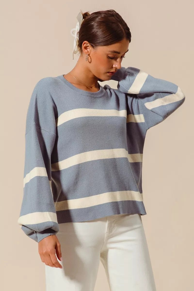 SO ME Ribbed Striped Round Neck Sweater - Bitsy Gypsy Boutique