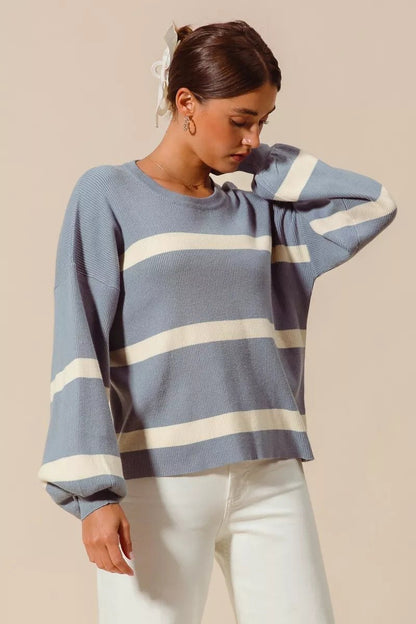 SO ME Ribbed Striped Round Neck Sweater - Bitsy Gypsy Boutique