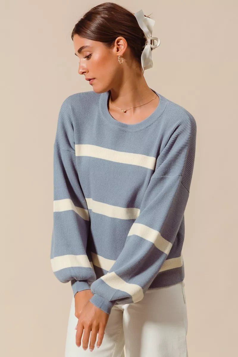 SO ME Ribbed Striped Round Neck Sweater - Bitsy Gypsy Boutique
