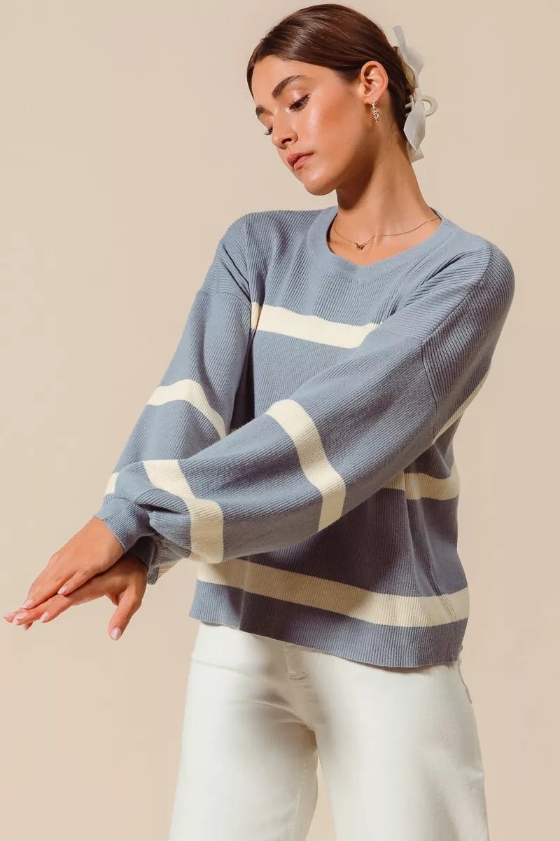 SO ME Ribbed Striped Round Neck Sweater - Bitsy Gypsy Boutique