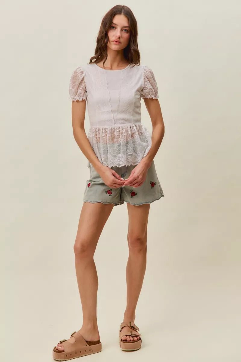SO ME Rose Embroidery High Rise Scallop Hem Denim Shorts - Bitsy Gypsy Boutique