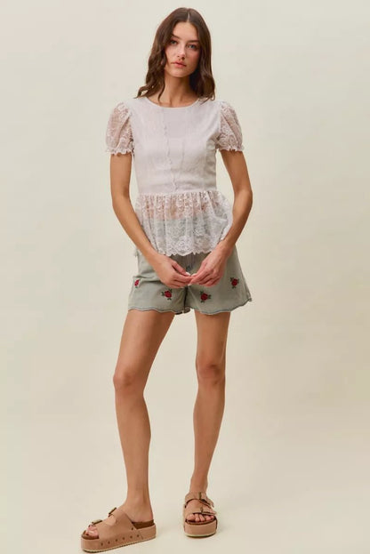 SO ME Rose Embroidery High Rise Scallop Hem Denim Shorts - Bitsy Gypsy Boutique