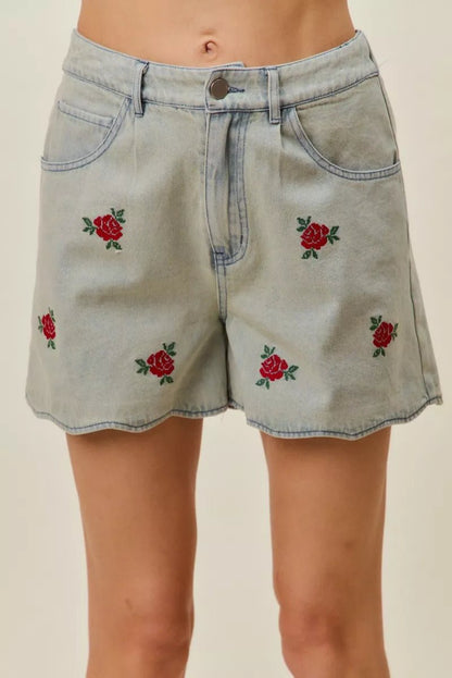 SO ME Rose Embroidery High Rise Scallop Hem Denim Shorts - Bitsy Gypsy Boutique