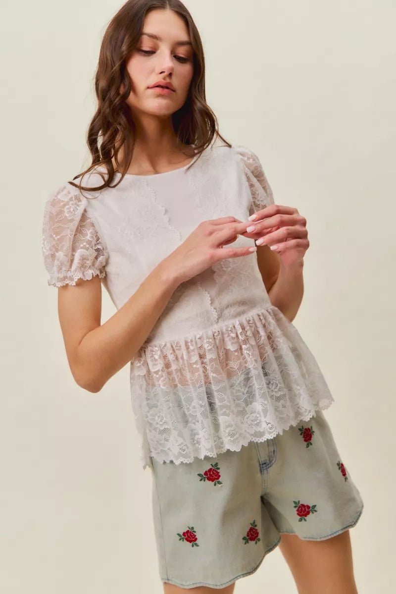SO ME Rose Embroidery High Rise Scallop Hem Denim Shorts - Bitsy Gypsy Boutique