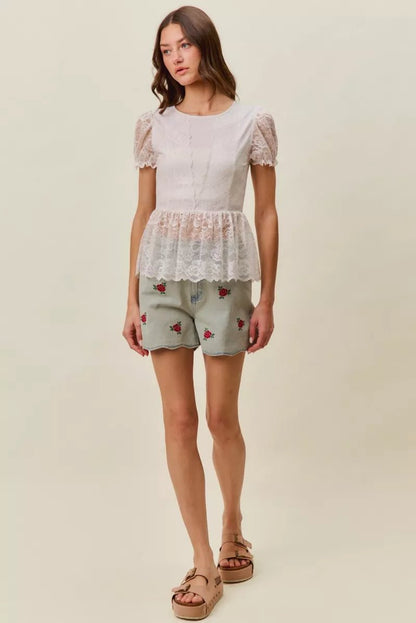SO ME Rose Embroidery High Rise Scallop Hem Denim Shorts - Bitsy Gypsy Boutique