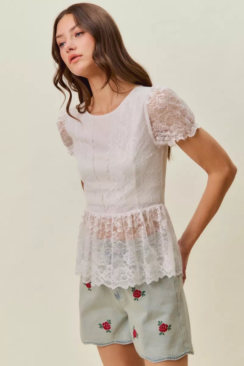 SO ME Rose Embroidery High Rise Scallop Hem Denim Shorts - Bitsy Gypsy Boutique