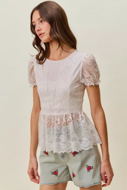 SO ME Rose Embroidery High Rise Scallop Hem Denim Shorts - Bitsy Gypsy Boutique