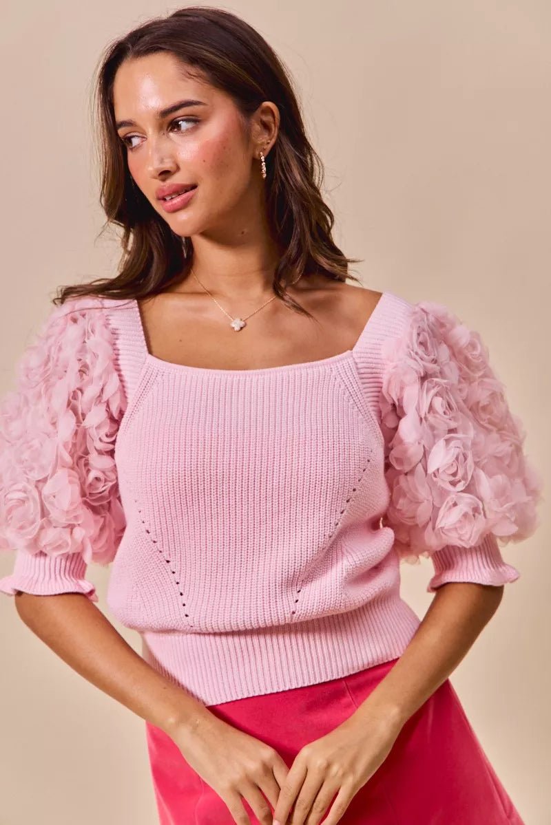 SO ME Rosette Sleeves Square Neck Sweater Knit Top - Bitsy Gypsy Boutique