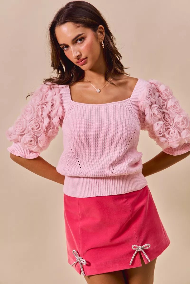 SO ME Rosette Sleeves Square Neck Sweater Knit Top - Bitsy Gypsy Boutique