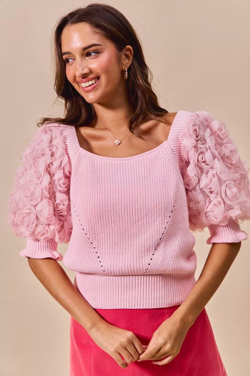 SO ME Rosette Sleeves Square Neck Sweater Knit Top - Bitsy Gypsy Boutique