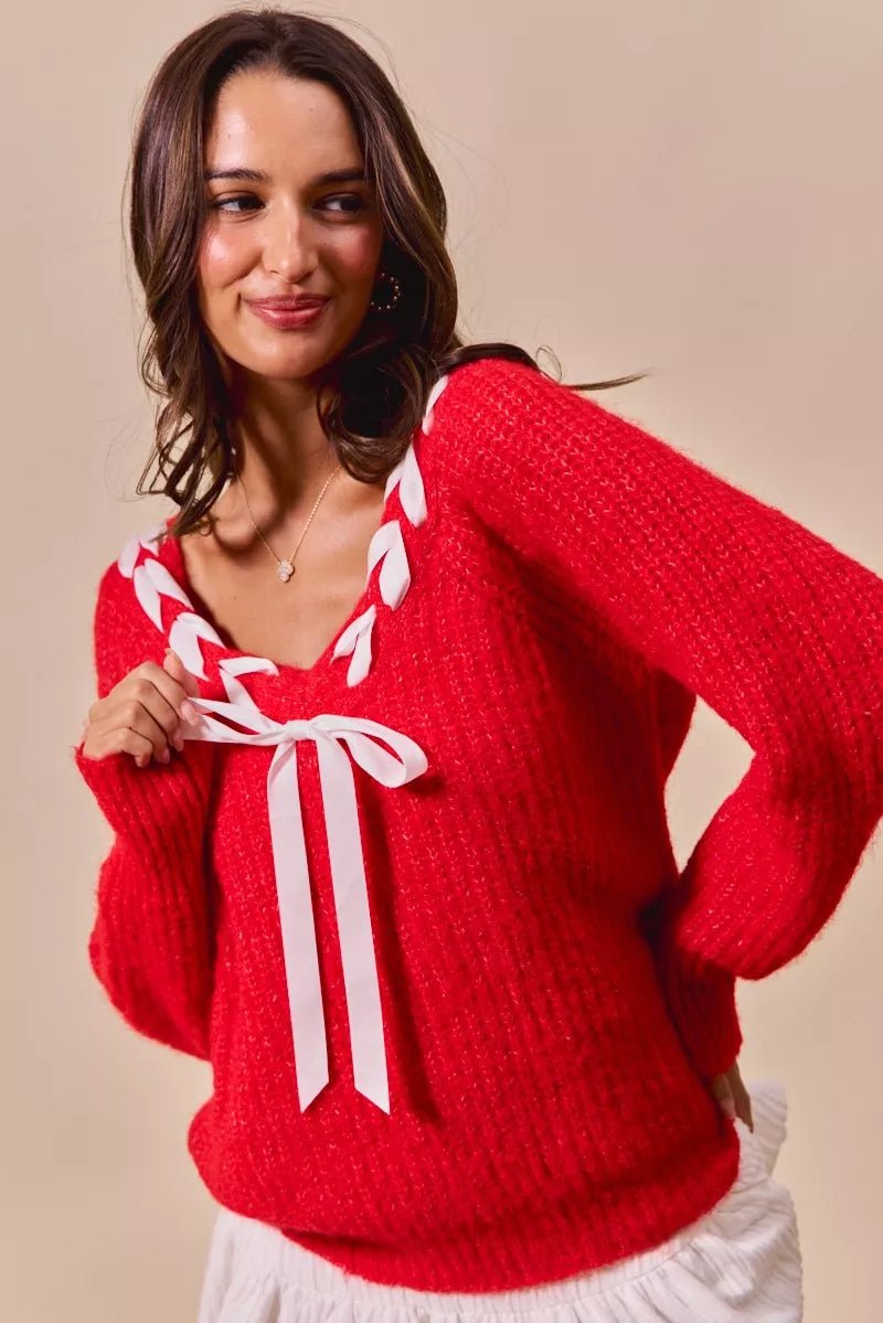 SO ME Satin Tape Braided Ribbon Tie V Neck Sweater - Bitsy Gypsy Boutique