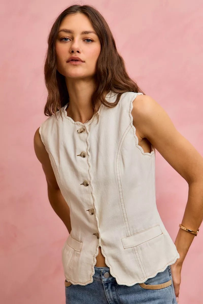 SO ME Scalloped Edge Cotton Twill Washed Vest Top - Bitsy Gypsy Boutique