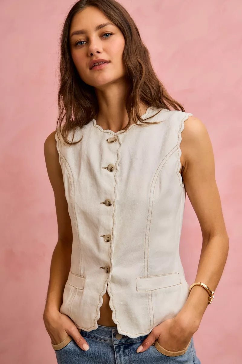 SO ME Scalloped Edge Cotton Twill Washed Vest Top - Bitsy Gypsy Boutique