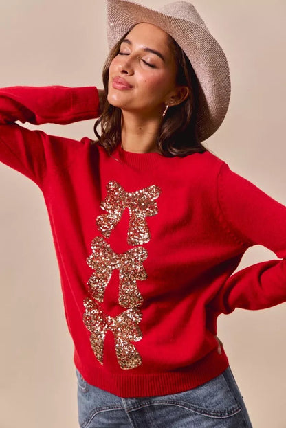 SO ME Sequins Bow Ribbon Embellished Christmas Sweater - Bitsy Gypsy Boutique
