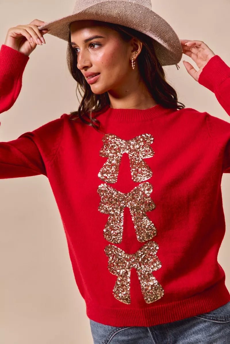 SO ME Sequins Bow Ribbon Embellished Christmas Sweater - Bitsy Gypsy Boutique