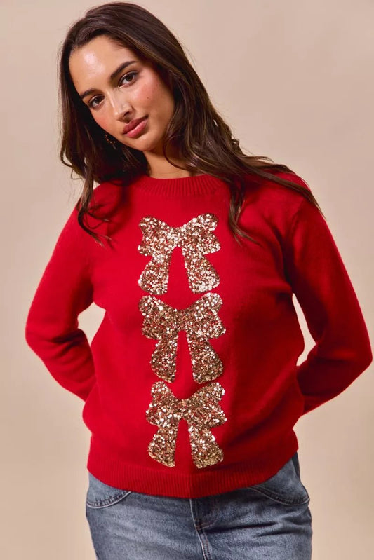 SO ME Sequins Bow Ribbon Embellished Christmas Sweater - Bitsy Gypsy Boutique