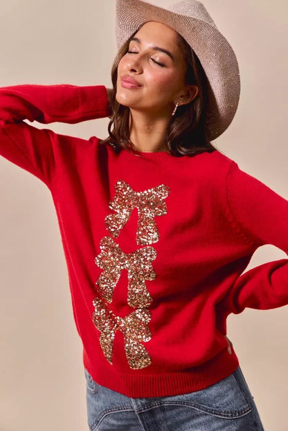 SO ME Sequins Bow Ribbon Embellished Christmas Sweater - Bitsy Gypsy Boutique