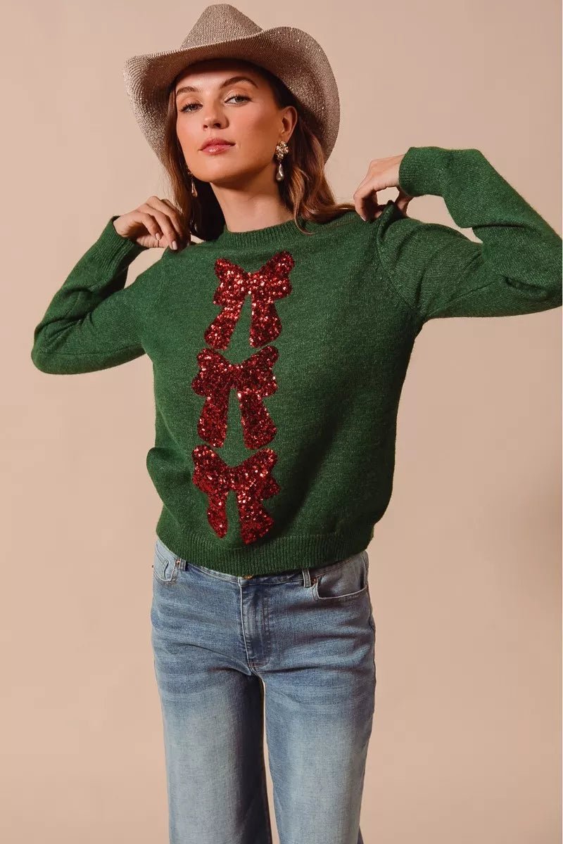 SO ME Sequins Bow Ribbon Embellished Christmas Sweater - Bitsy Gypsy Boutique