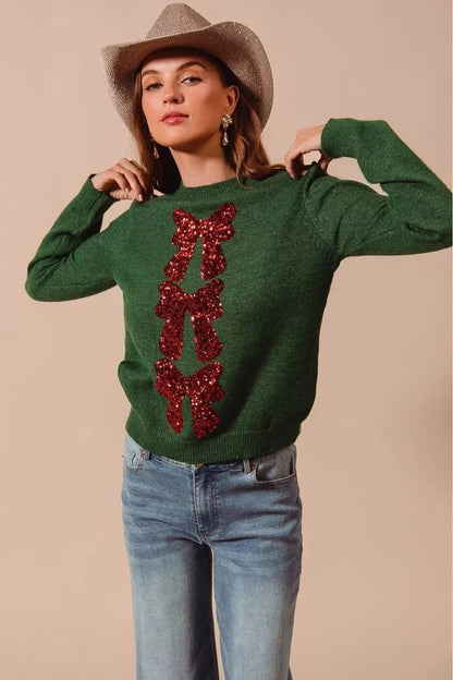 SO ME Sequins Bow Ribbon Embellished Christmas Sweater - Bitsy Gypsy Boutique