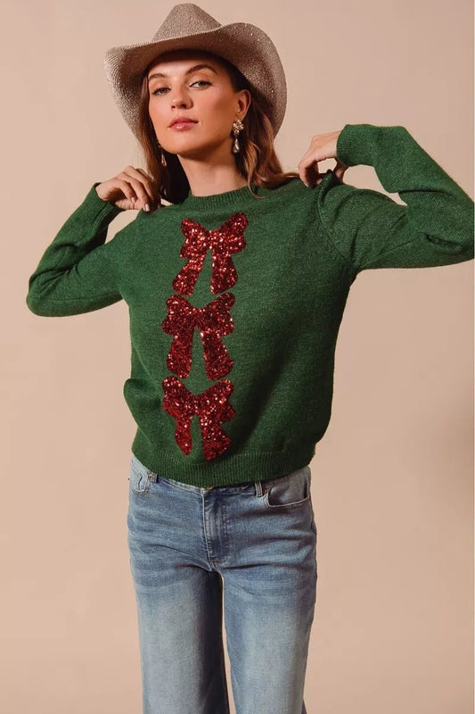 SO ME Sequins Bow Ribbon Embellished Christmas Sweater - Bitsy Gypsy Boutique