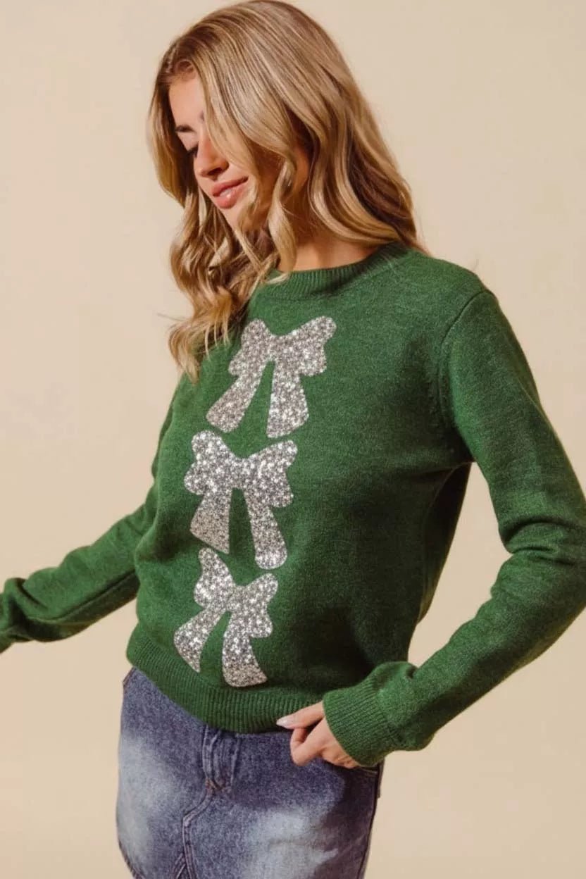 SO ME Sequins Bow Ribbon Embellished Christmas Sweater - Bitsy Gypsy Boutique