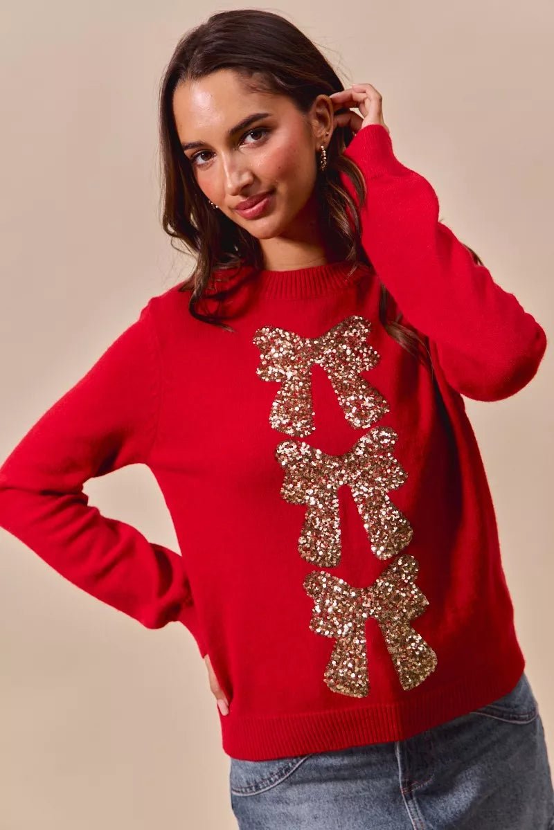 SO ME Sequins Bow Ribbon Embellished Christmas Sweater - Bitsy Gypsy Boutique