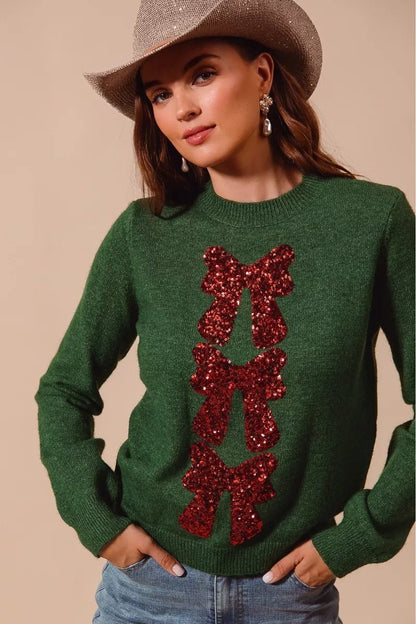SO ME Sequins Bow Ribbon Embellished Christmas Sweater - Bitsy Gypsy Boutique
