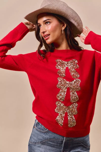 SO ME Sequins Bow Ribbon Embellished Christmas Sweater - Bitsy Gypsy Boutique
