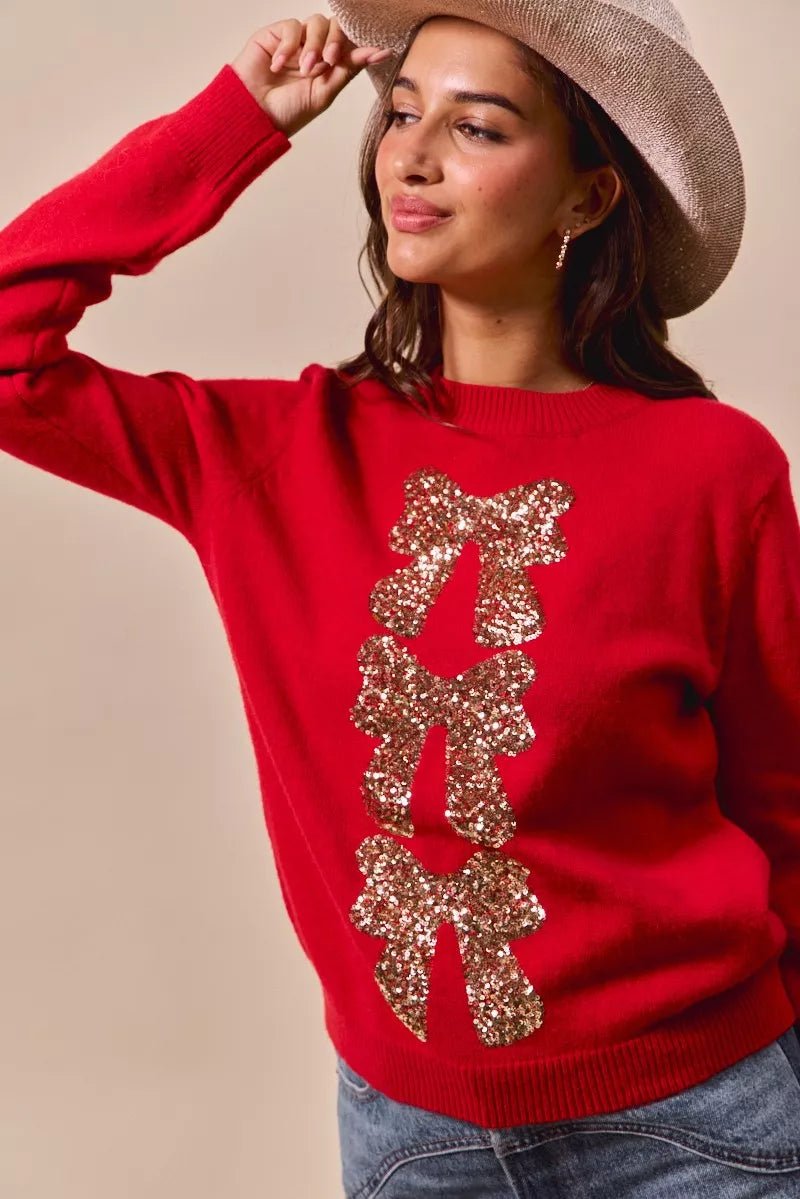 SO ME Sequins Bow Ribbon Embellished Christmas Sweater - Bitsy Gypsy Boutique