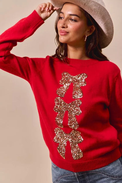 SO ME Sequins Bow Ribbon Embellished Christmas Sweater - Bitsy Gypsy Boutique
