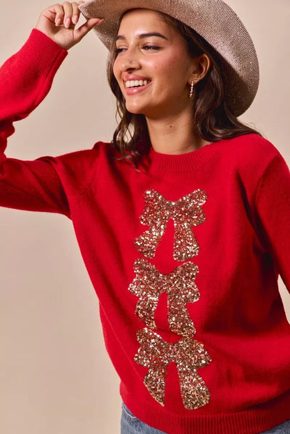 SO ME Sequins Bow Ribbon Embellished Christmas Sweater - Bitsy Gypsy Boutique
