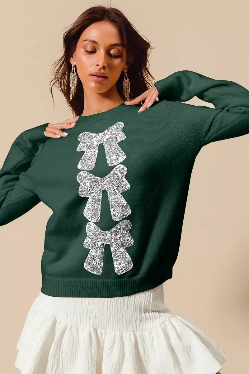 SO ME Sequins Bow Ribbon Embellished Christmas Sweater - Bitsy Gypsy Boutique