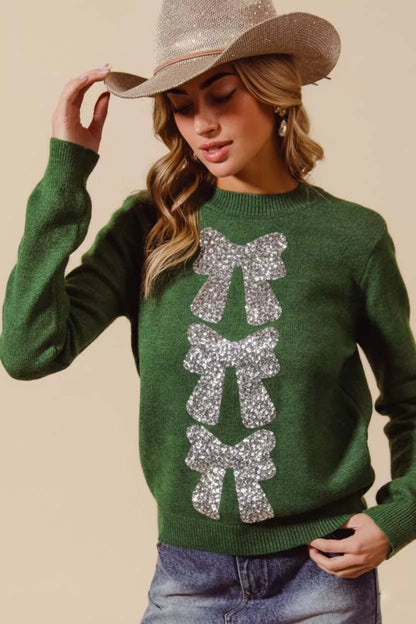 SO ME Sequins Bow Ribbon Embellished Christmas Sweater - Bitsy Gypsy Boutique