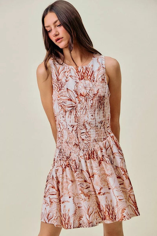 SO ME Shell Print Smocked Fit And Flare Mini Lined Dress - Bitsy Gypsy Boutique