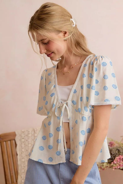 SO ME Shell Print Tie Front Flutter Sleeves Blouse Top - Bitsy Gypsy Boutique