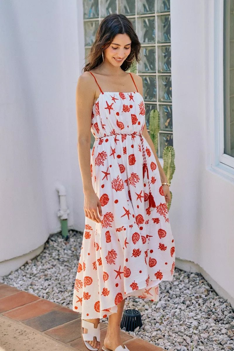 SO ME Shell Print Tiered Lined Midi Cami Dress With Belt - Bitsy Gypsy Boutique