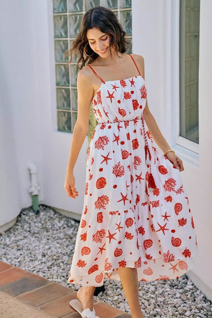 SO ME Shell Print Tiered Lined Midi Cami Dress With Belt - Bitsy Gypsy Boutique