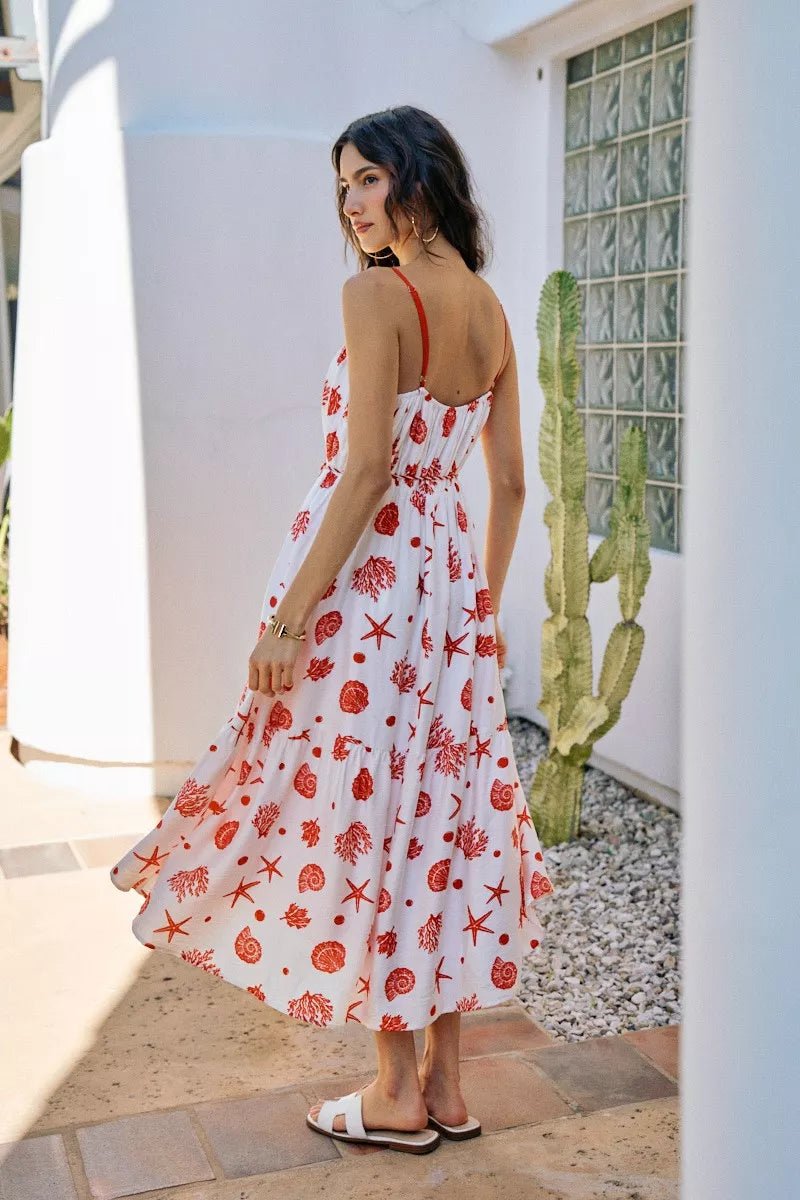 SO ME Shell Print Tiered Lined Midi Cami Dress With Belt - Bitsy Gypsy Boutique