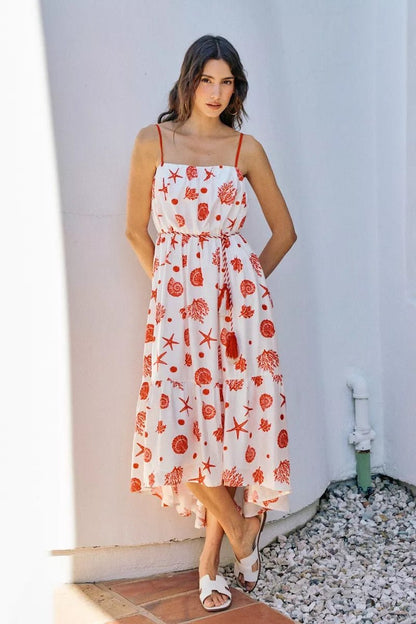 SO ME Shell Print Tiered Lined Midi Cami Dress With Belt - Bitsy Gypsy Boutique