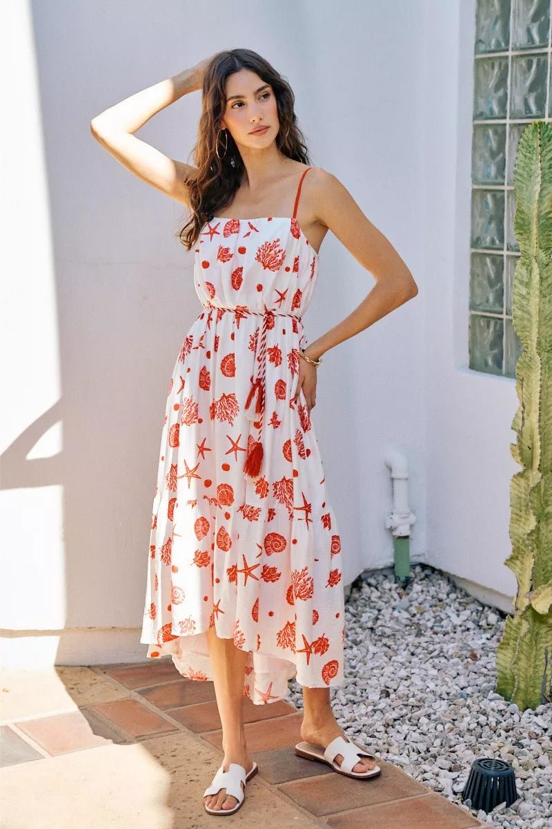 SO ME Shell Print Tiered Lined Midi Cami Dress With Belt - Bitsy Gypsy Boutique
