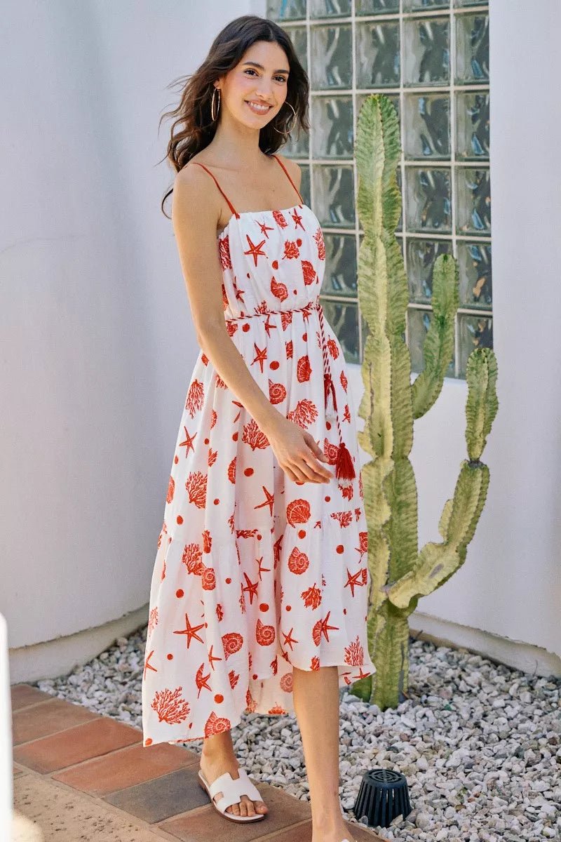 SO ME Shell Print Tiered Lined Midi Cami Dress With Belt - Bitsy Gypsy Boutique