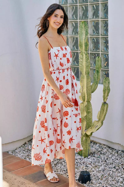 SO ME Shell Print Tiered Lined Midi Cami Dress With Belt - Bitsy Gypsy Boutique