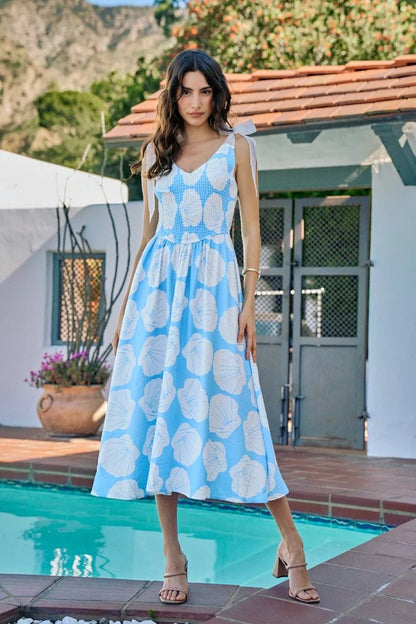 SO ME Shell Smocked Bodice Shoulder Tie Lined Midi Dress - Bitsy Gypsy Boutique