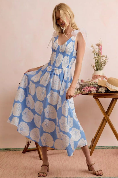 SO ME Shell Smocked Bodice Shoulder Tie Lined Midi Dress - Bitsy Gypsy Boutique