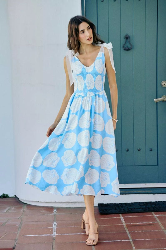 SO ME Shell Smocked Bodice Shoulder Tie Lined Midi Dress - Bitsy Gypsy Boutique
