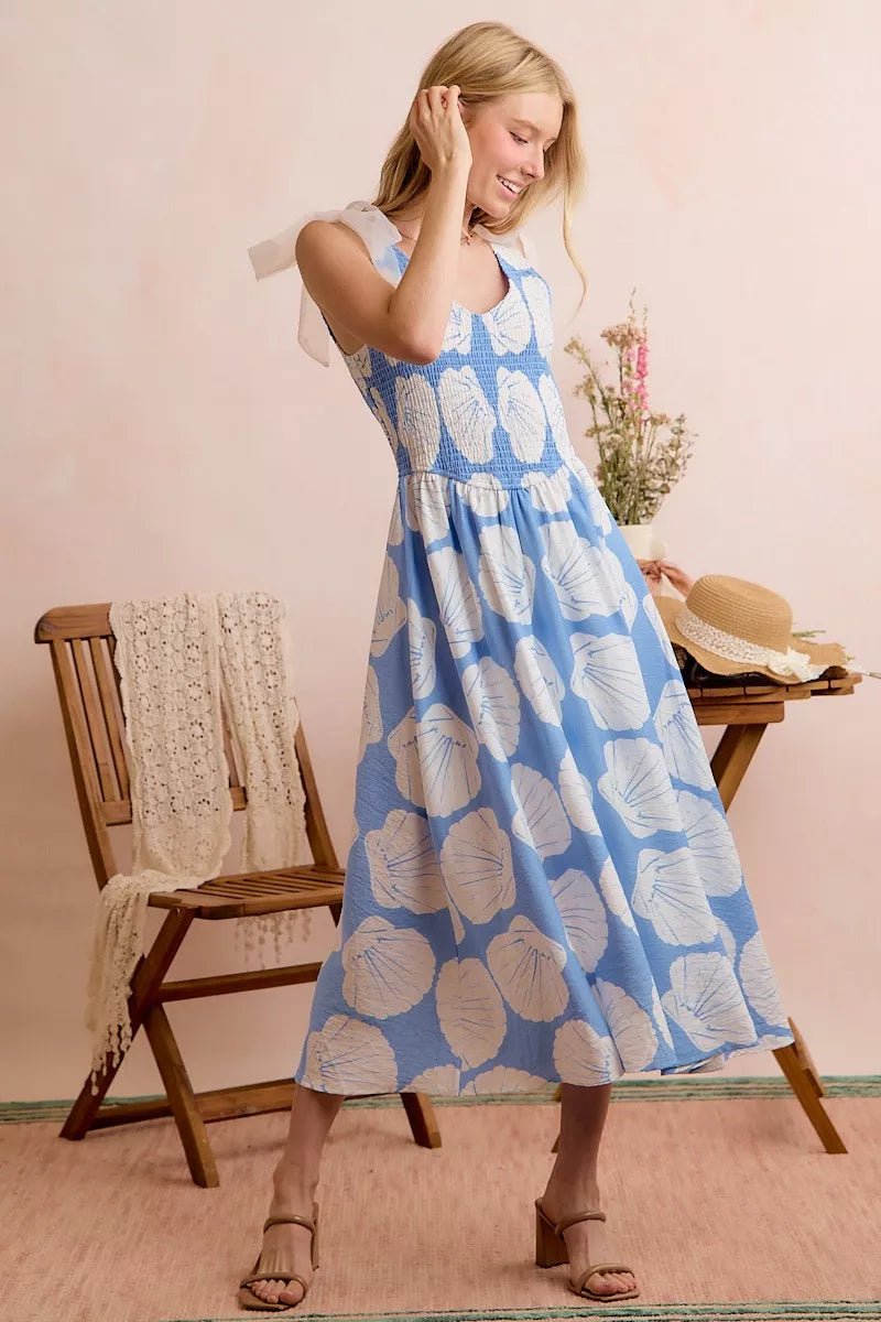 SO ME Shell Smocked Bodice Shoulder Tie Lined Midi Dress - Bitsy Gypsy Boutique