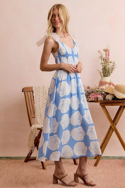 SO ME Shell Smocked Bodice Shoulder Tie Lined Midi Dress - Bitsy Gypsy Boutique