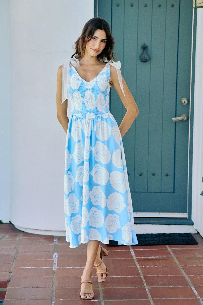SO ME Shell Smocked Bodice Shoulder Tie Lined Midi Dress - Bitsy Gypsy Boutique